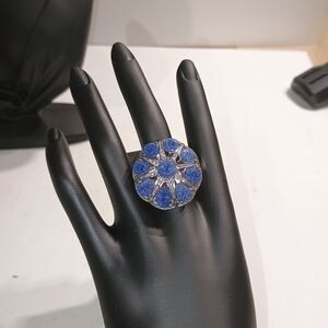 Elegant Blue and Silver Toned Floral Ring